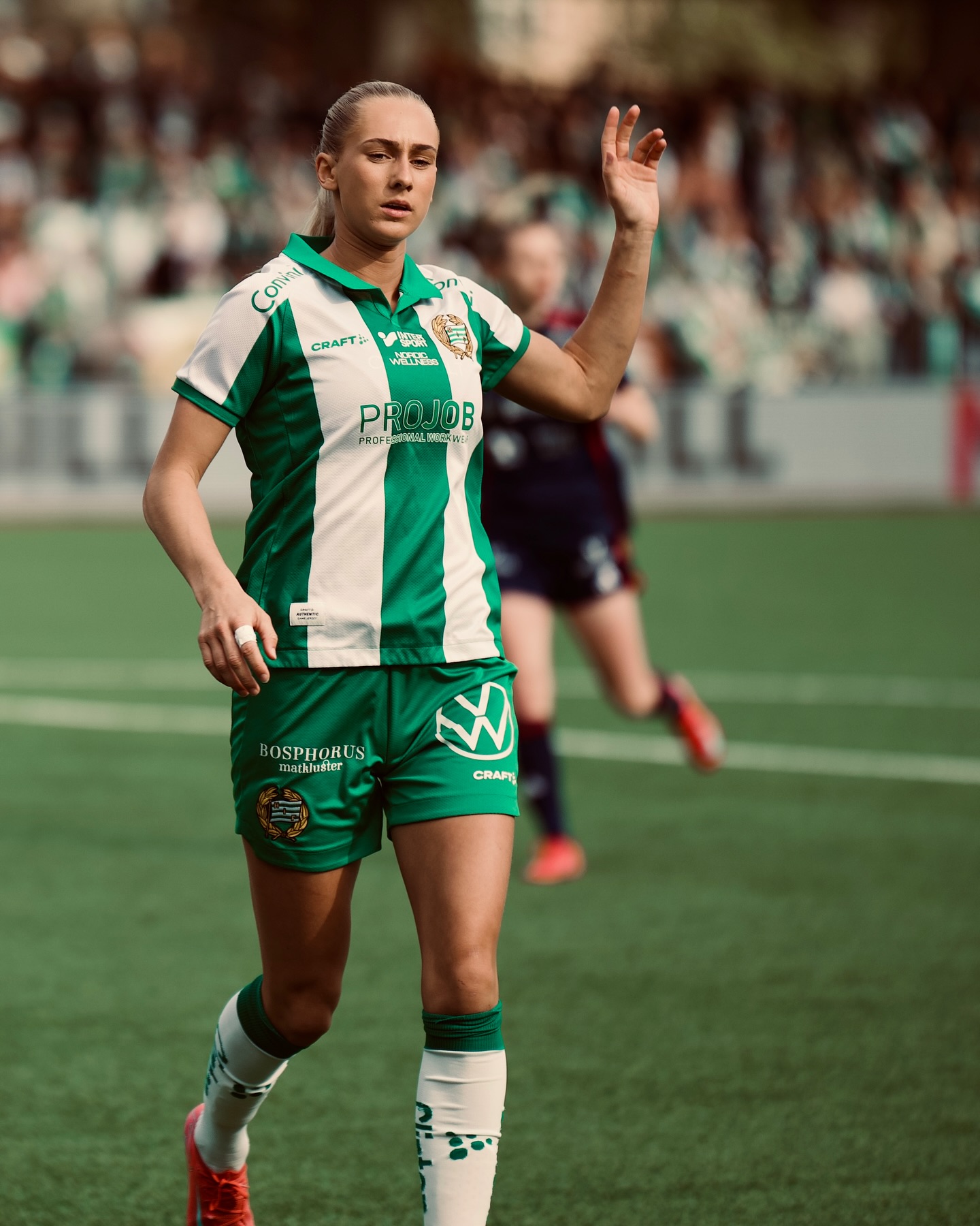 Hammarby and Djurgården players contest the ball during the women’s derby at 3Arena.