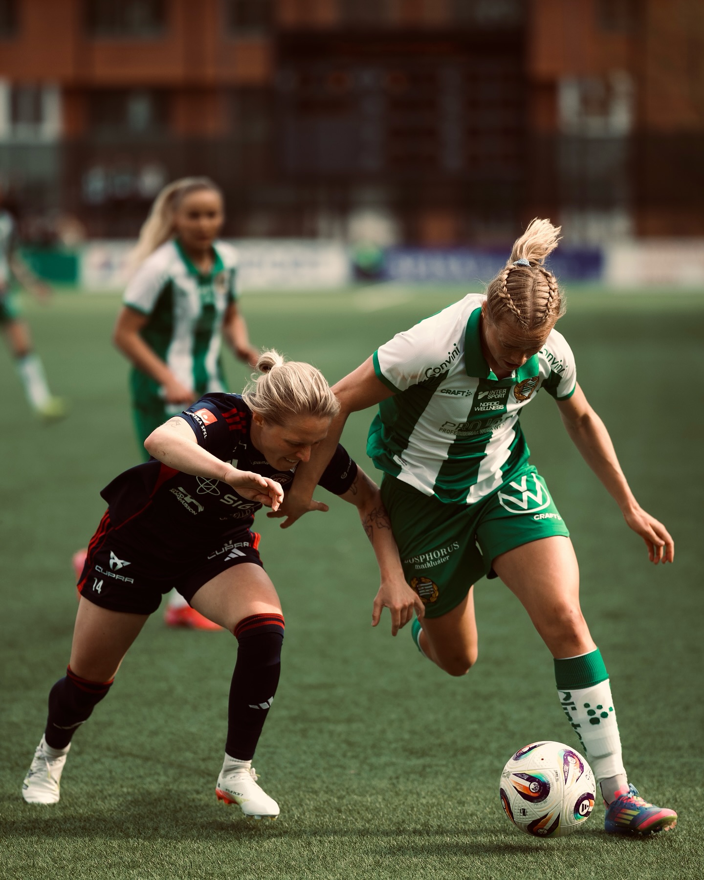 Hammarby and Djurgården players contest the ball during the women’s derby at 3Arena.