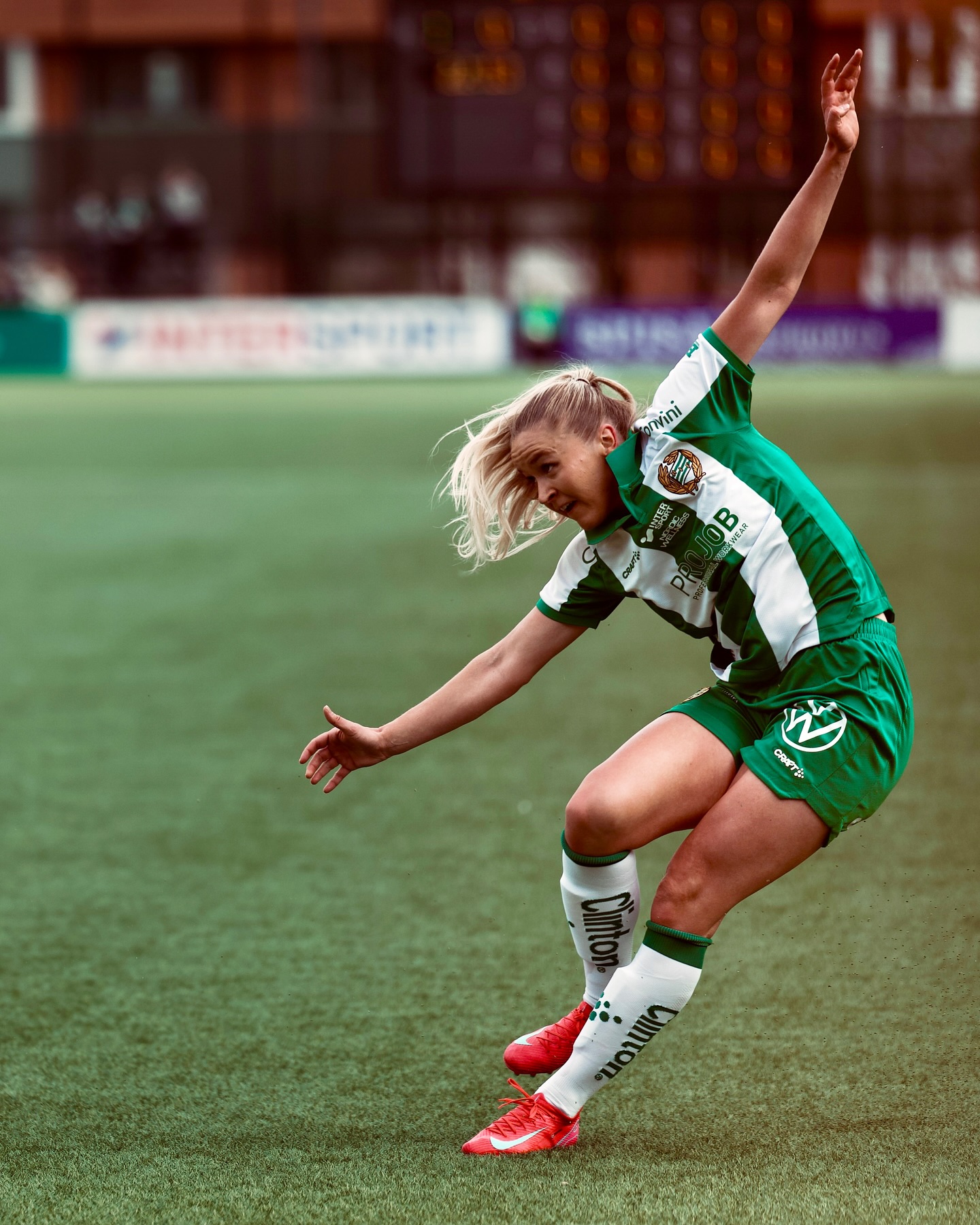 Hammarby and Djurgården players contest the ball during the women’s derby at 3Arena.