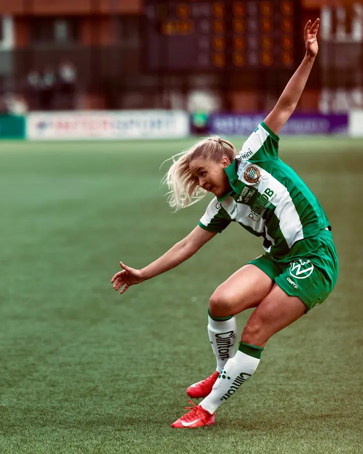 Hammarby and Djurgården players contest the ball during the women’s derby at 3Arena.