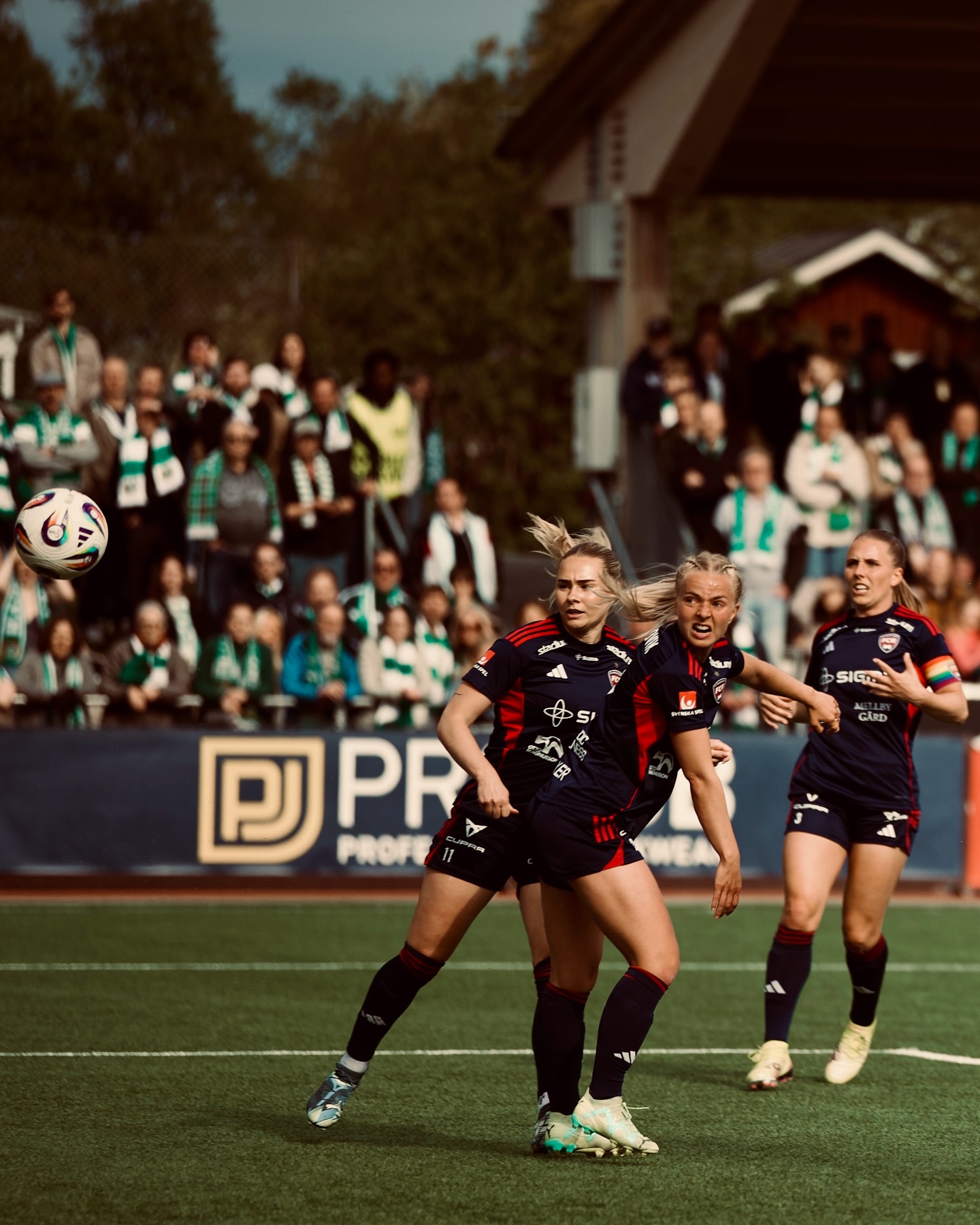 Hammarby and Djurgården players contest the ball during the women’s derby at 3Arena.
