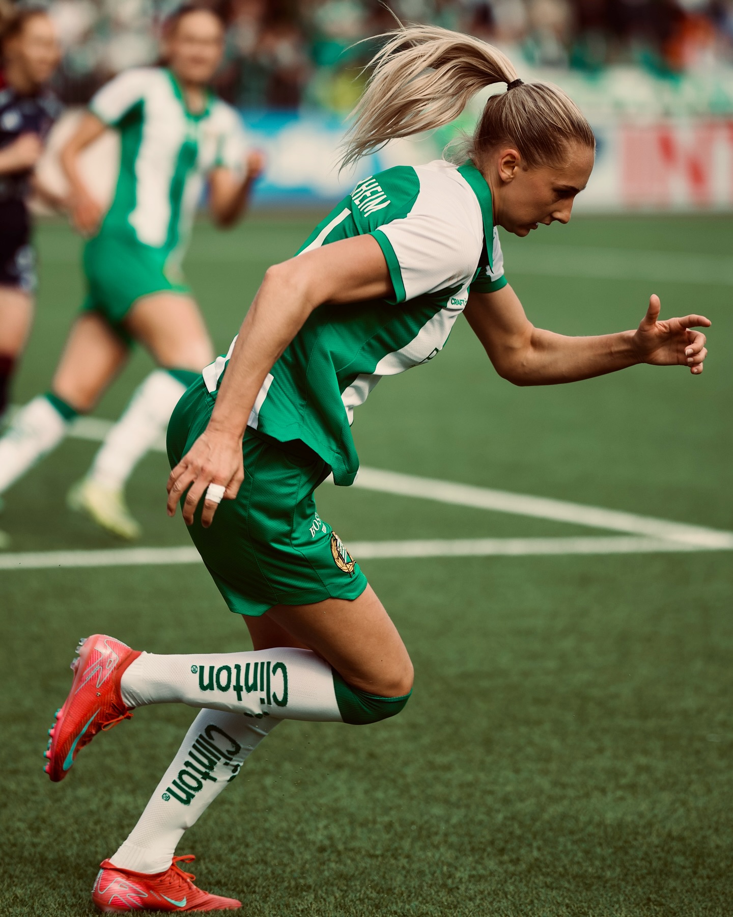 Hammarby and Djurgården players contest the ball during the women’s derby at 3Arena.