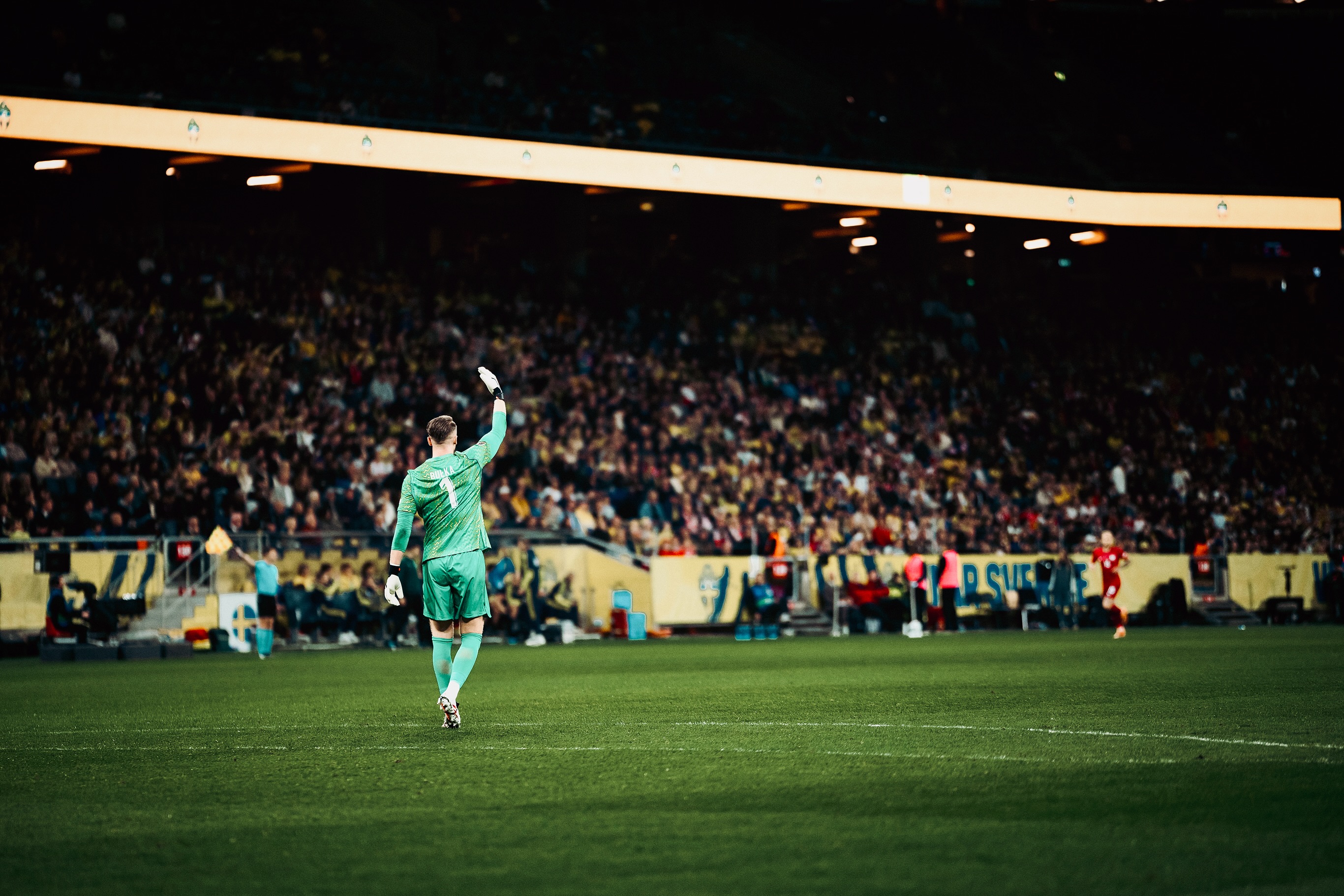 A goalkeeper in front of the stands at Strawberry Arena.